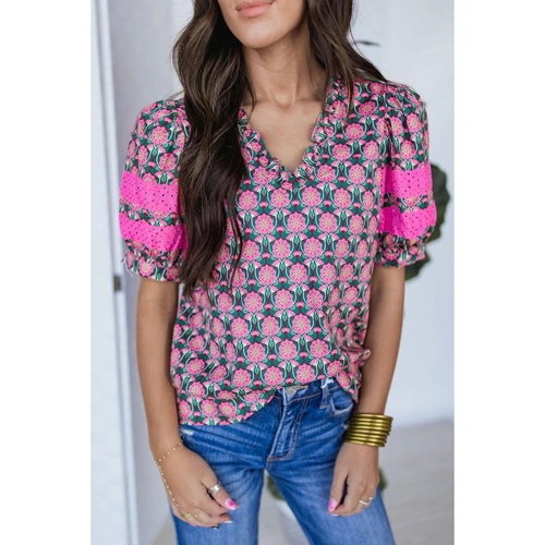 Sachet Pink V-Neck Ruffle Abstract Floral Print Puff Sleeve Top - L - Main Image