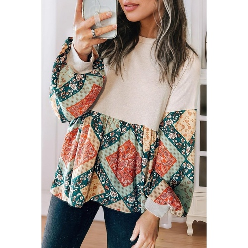 Jet Stream Paisley Geometric Patchwork Crew Neck Loose Fit Top - L - Main Image
