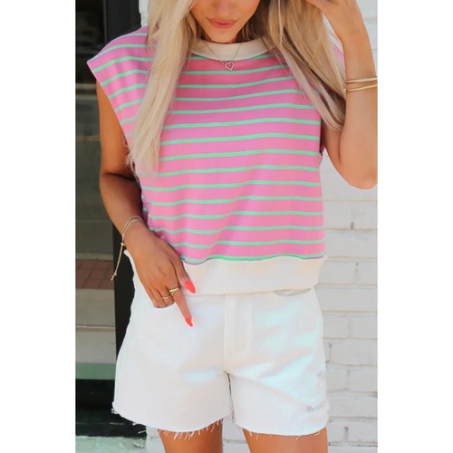 Sachet Pink Striped Crew Neck Cap Sleeve T Shirt - L - Main Image