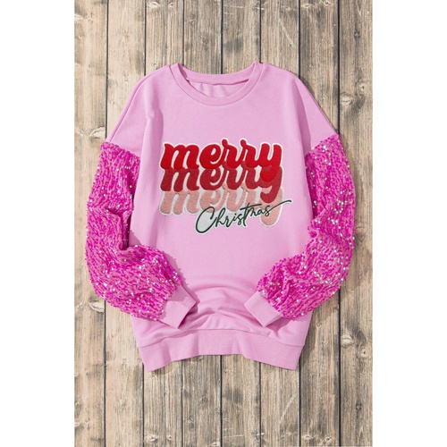 Pink Merry Christmas Graphic Sequin Sleeve Patchwork Top - L - Main Image