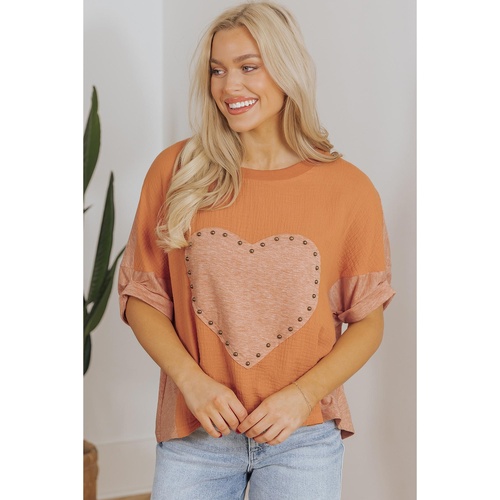 Desert Gold Stud Heart Patch Textured Front Dolman Top - S - Main Image