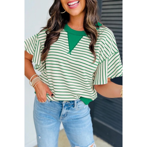 Bright Green Contrast Detail Striped Ruffle Short Sleeve Top - M - Main Image