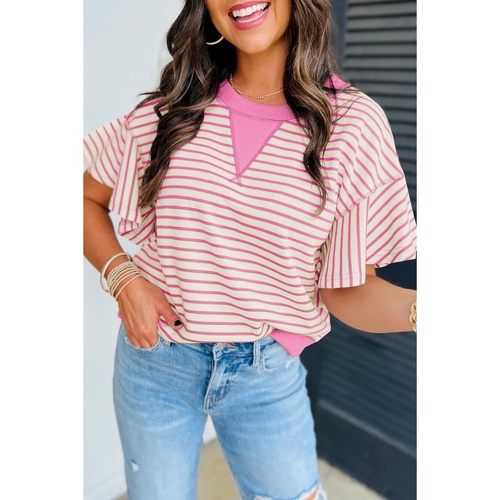 Sachet Pink Contrast Detail Striped Ruffle Short Sleeve Top - L - Main Image