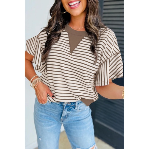 Parchment Contrast Detail Striped Ruffle Short Sleeve Top - L - Main Image