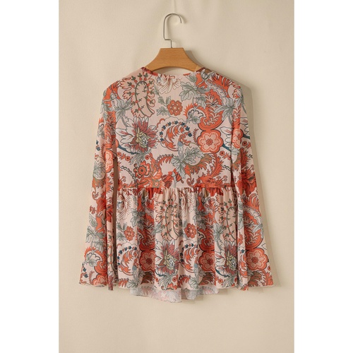 Orange Floral Print Deep V Neck Knot Bell Sleeve Blouse - L - Main Image