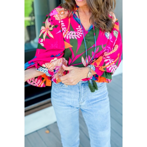 Rose Blooming Flower Print Ruffled Puff Sleeve Blouse - M - Main Image