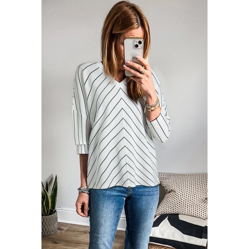 Black Stripe Chevron Striped V Neck Long Sleeve Casual Top - L - Main Image