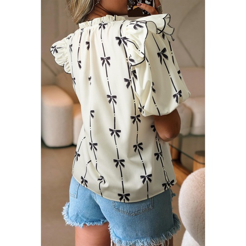 Beige Bow Printed Ruffled Bubble Sleeve Tied Notched V Neck Blouse - L - Main Image