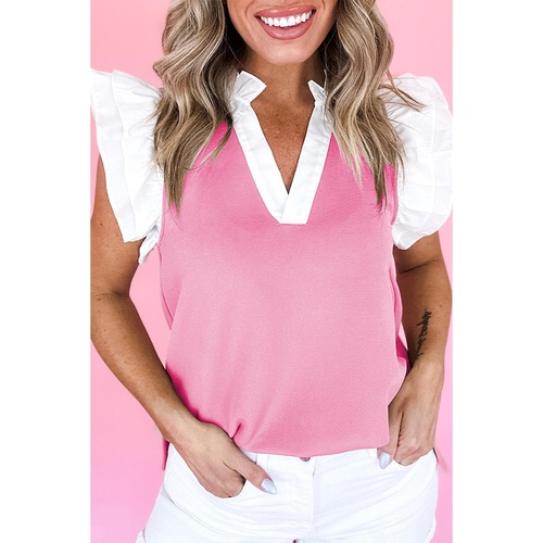 Pink Contrast V Neck Ruffled Textured Knit Top - L - Main Image