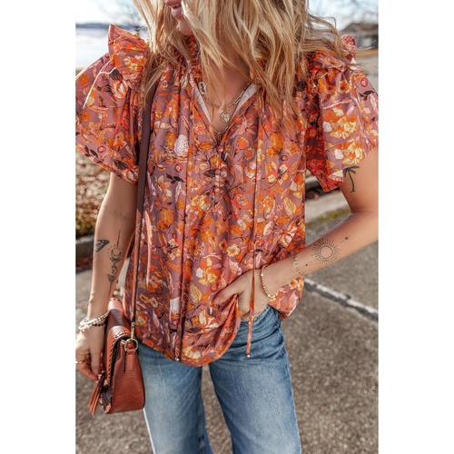 Orange Floral Print Ruffled Flutter Sleeve Frilled V Neck Blouse - L - Main Image