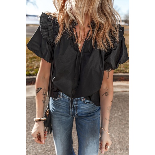 Black Ruffled Puff Short Sleeve Loose Blouse - S - Main Image