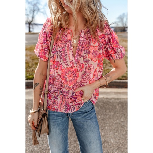 Red Floral Print Ruffled Puff Short Sleeve Blouse - L - Main Image