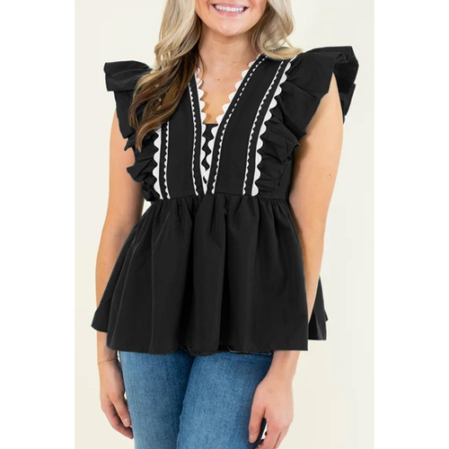 Black Contrast Ricrac Trim Ruffled V Neck Peplum Top - L - Main Image