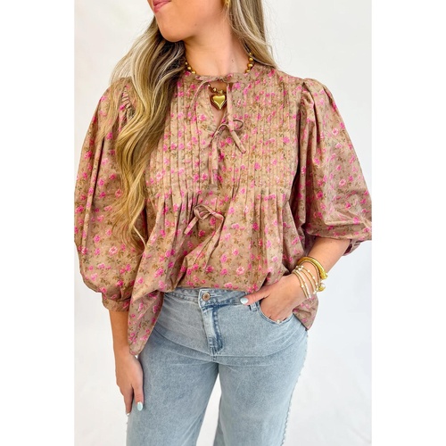 Light French Beige Floral Print Bow Pintuck Bust Half Puff Sleeve Blouse Top - L - Main Image