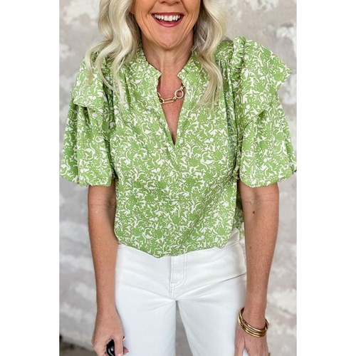 Light Green Floral Ruffle Puff Short Sleeve Frilled Collar V Neck Blouse - L - Main Image