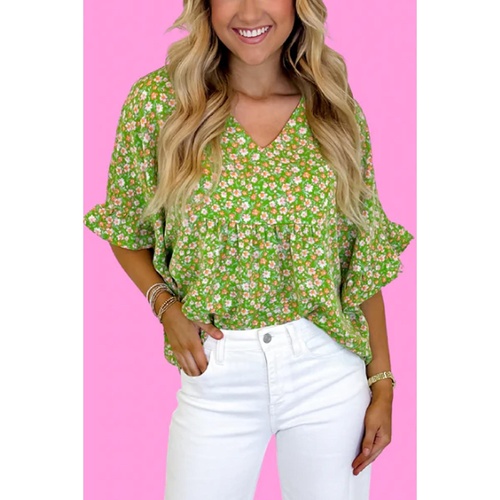 Green Floral Print Ruffle Sleeve V Neck Blouse Top - L - Main Image