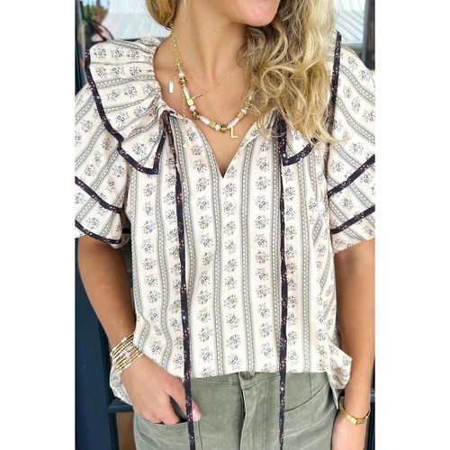 White Floral Ruffled Collar Short Puff Sleeve Printed Blouse - M - Main Image