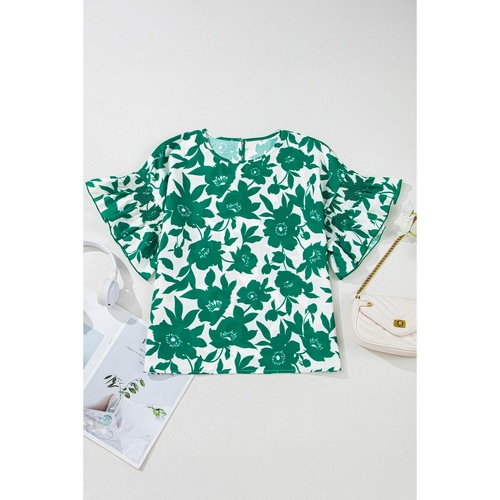 Green Floral Printed Ruffled Short Sleeve Round Neck Loose Blouse - L - Main Image