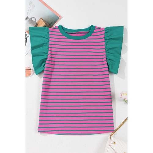 Pink Stripe Colorblock Ruffled Sleeve Crew Neck Blouse - L - Main Image