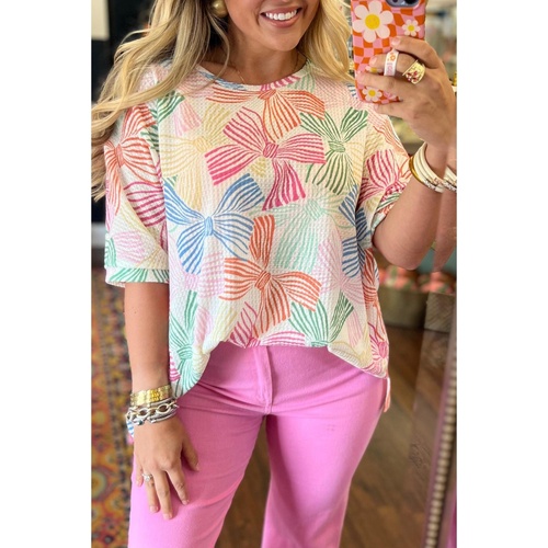 Multicolour Bowknot Printed Waffle Crewneck Loose Short Sleeve Top - S - Main Image