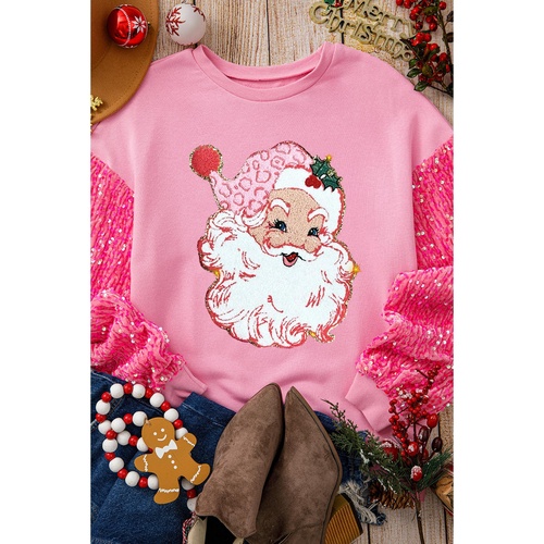 Pink Shiny Father Christmas Graphic Sequin Long Sleeve Top - L - Main Image