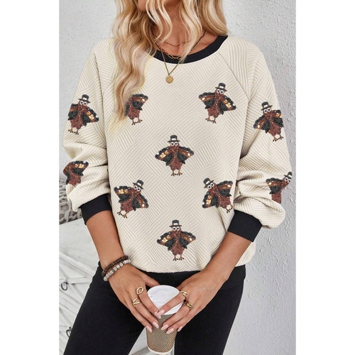Jet Stream Textured Colorblock Edge Sequin Turkey Graphic Long Sleeve Top - L - Main Image