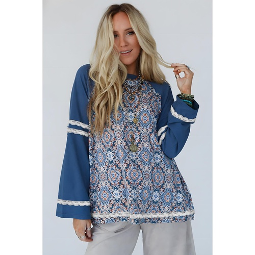Blue Geometric Printed Lace Patchwork Ric Rac Raglan Long Sleeve Top - L - Main Image