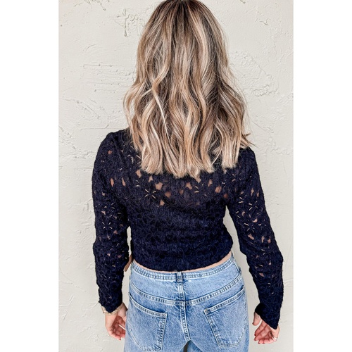 Black Flower Lace See Through Mock Neck Long Sleeve Top - L - Main Image
