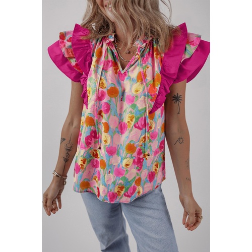 Pink Floral Layered Ruffle Flutter Sleeve Tie V Neck Blouse - L - Main Image