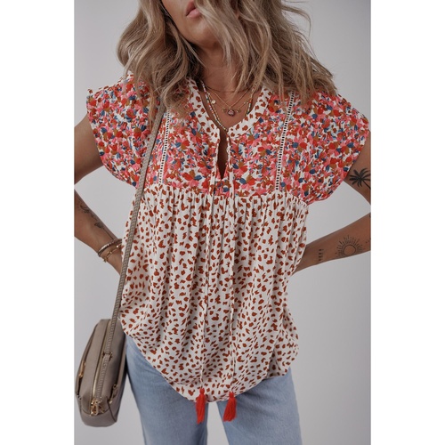 Red Printed Embroidery Detail Tie Split Neck Blouse - L - Main Image