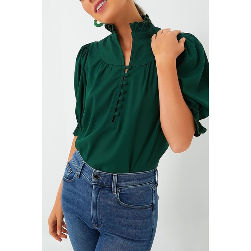 Blackish Green Solid Puff Sleeve Frilled Trim Elegant Blouse - L - Main Image
