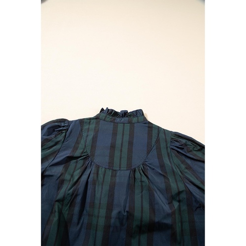 Green Stripe Plaid Puff Sleeve Frilled Trim Elegant Blouse - L - Main Image