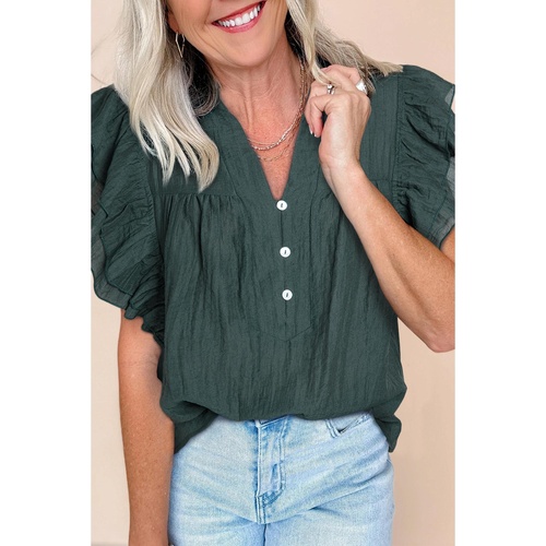 Skobeloff Frilled V Neck Ruffled Cap Sleeve Blouse - L - Main Image