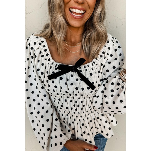 Black Polka Dot Puff Sleeve Bow Square Neck Peplum Top - L - Main Image