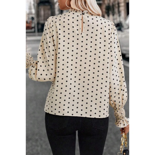 Apricot Polka Dot Print Frilled Collar Lantern Sleeve Blouse - L - Main Image
