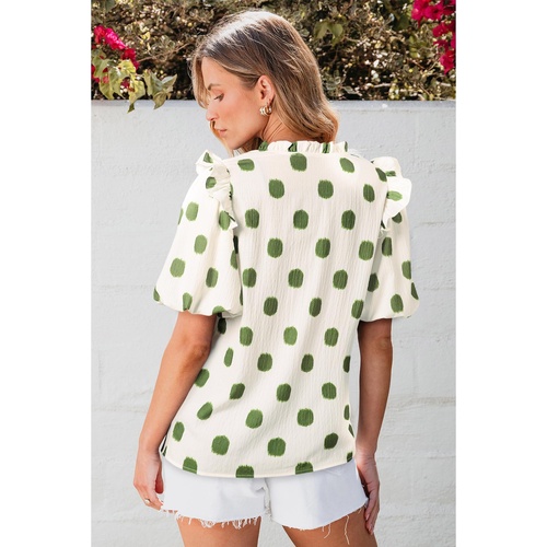 Apricot Polka Dot Print Shirred Yoke Notched Neck Balloon Sleeve Blouse - L - Main Image