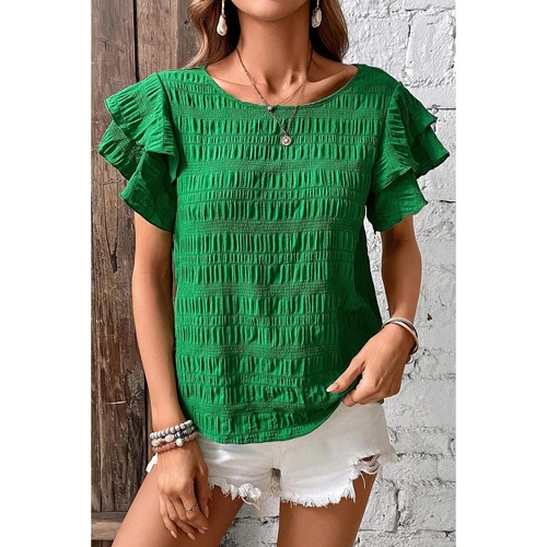 Dark Green Textured Ruffled Sleeve Round Neck Top - L - Main Image