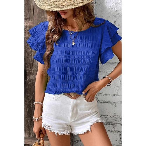 Dark Blue Textured Ruffled Sleeve Round Neck Top - S - Main Image