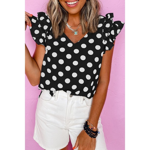 Black Polka Dot Print Ruffled Sleeve V Neck Blouse - L - Main Image