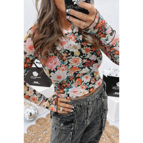 Orange Floral Mesh Slim Long Sleeve Crop Top - S - Main Image