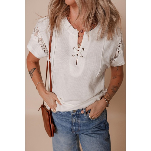 White Ribbed Texture Lace Patchwork Short Sleeve Top - XL - Main Image