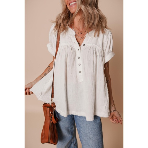 White Textured Short Sleeve Buttons Frayed Blouse - L - Main Image
