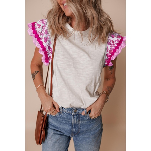 Rose Ricrac Trim Printed Flutter Sleeve Contrast Patchwork Blouse - L - Main Image