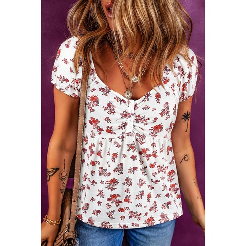 White Boho Floral Ruched Cinched Short Sleeve Blouse - L - Main Image