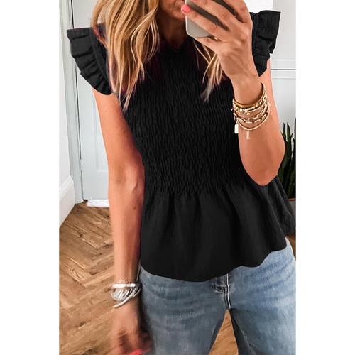 Black Ruffle Short Sleeve Shirred Peplum Top - M - Main Image