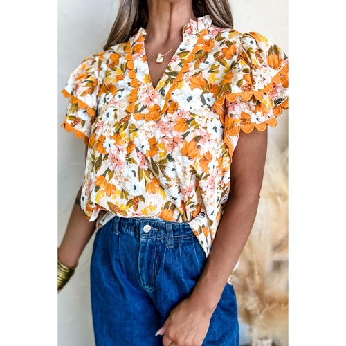 Russet Orange Ruffled V Neck Scalloped Short Sleeve Floral Blouse - L - Main Image