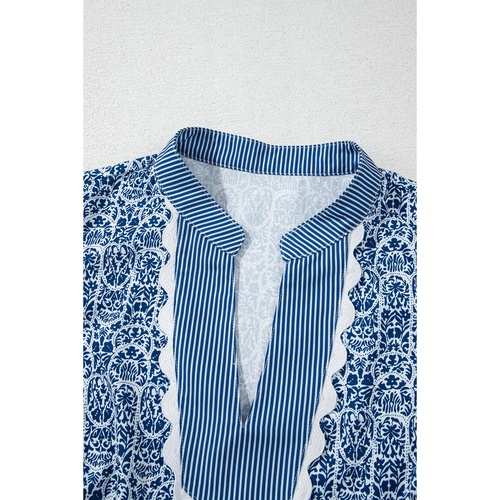 Blue Floral Striped Print Contrast Ric-rac Puff Sleeve Top - L - Main Image