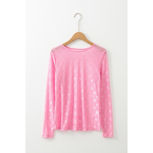 Pink Mesh Bow Pattern Long Sleeve Top - M - Main Image