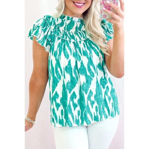 Sky Blue Abstract Print Frilled Crewneck Loose Fit Blouse - L - Main Image
