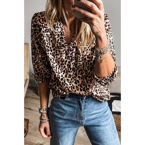 Apricot Leopard V Neck Half Sleeve Blouse - L - Main Image